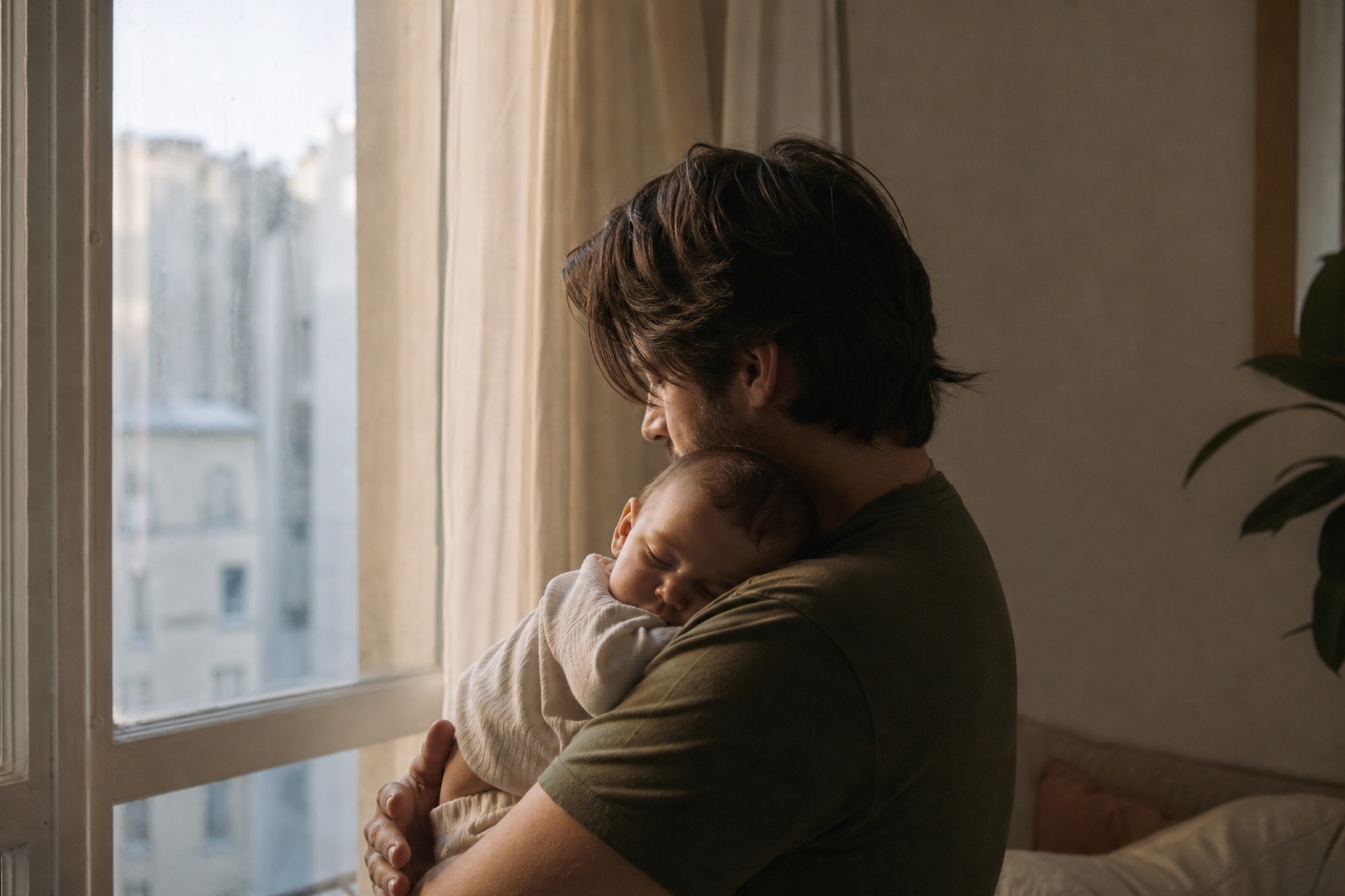 A parent holding a baby beside a window