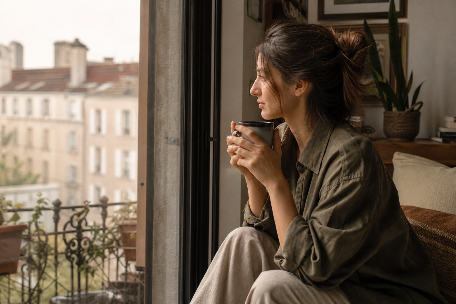 A woman holding a mug beside a window