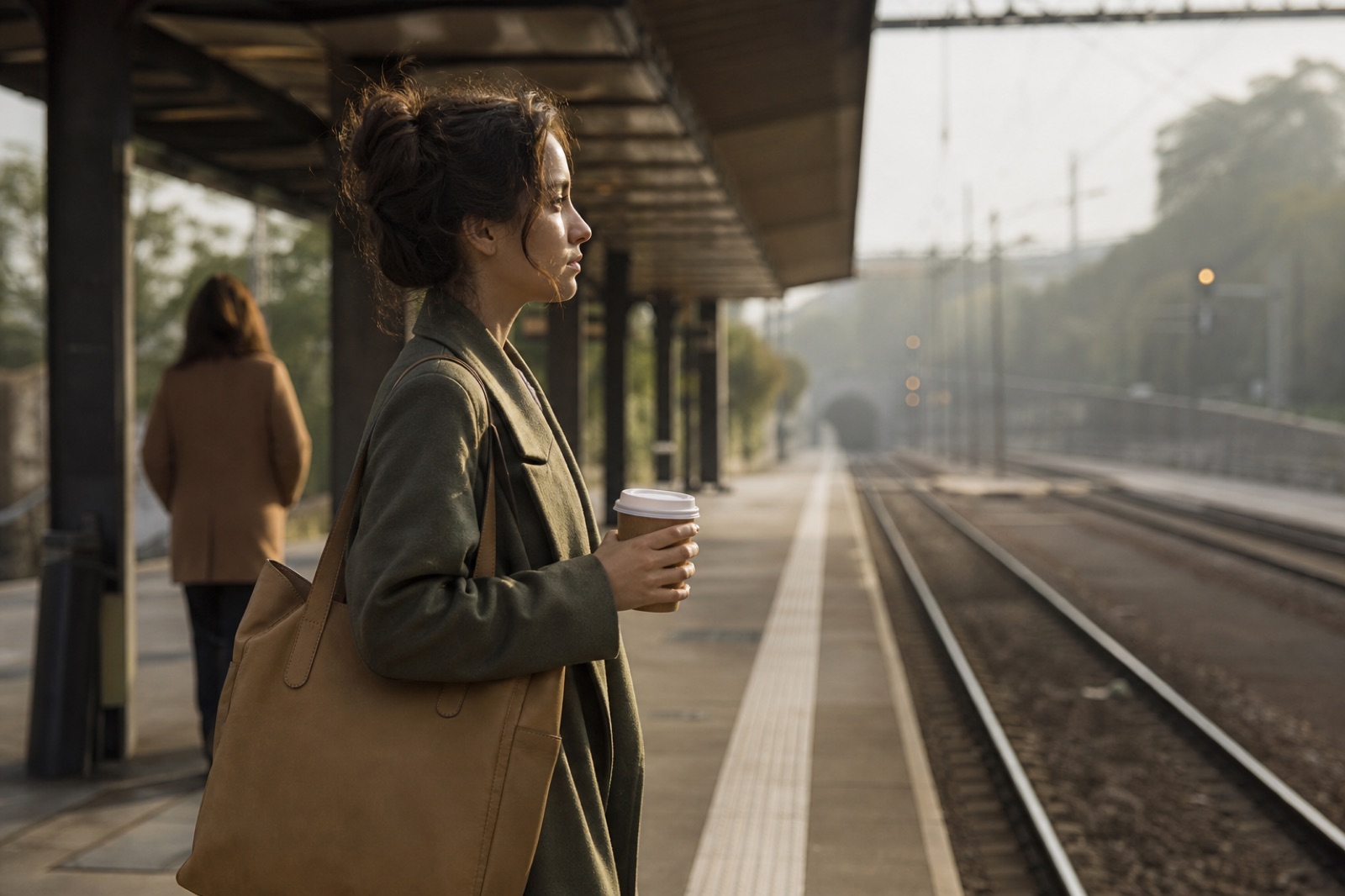 A woman waiting on a train platform in morning light
