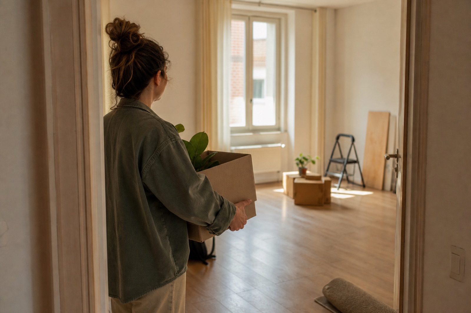 A woman carrying a plant into a new apartment
